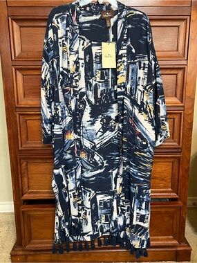 Patricia Nash Navy, White & Yellow Scenic Open-Front Kimono